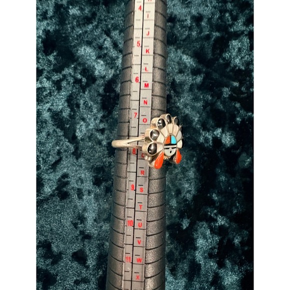 Zuni Native American Sterling Silver Turquoise Coral Inlay Ring Sunface Laahty - Picture 5 of 9